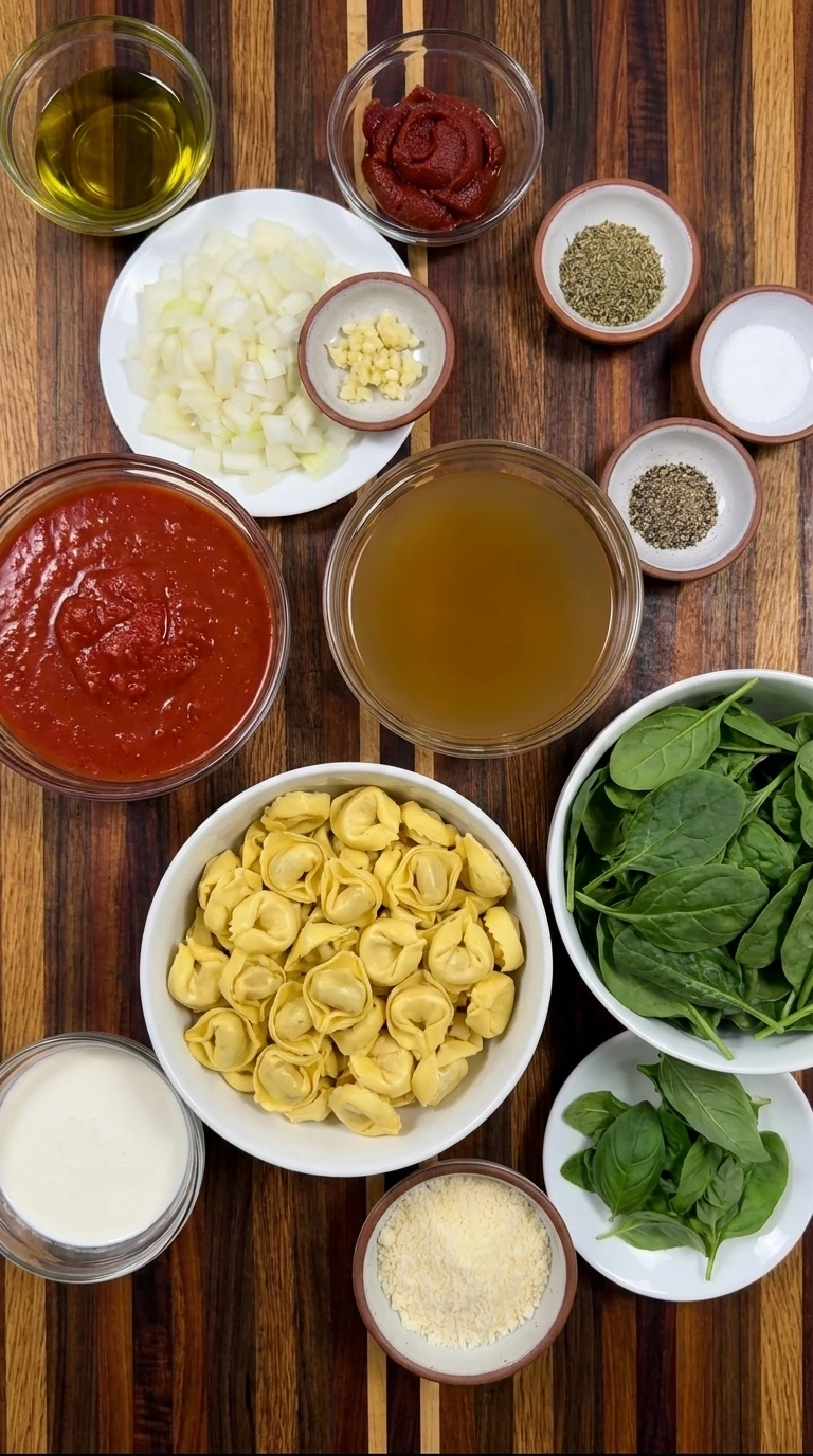 Ingredients for Tomato Tortellini Soup arranged in separate containers