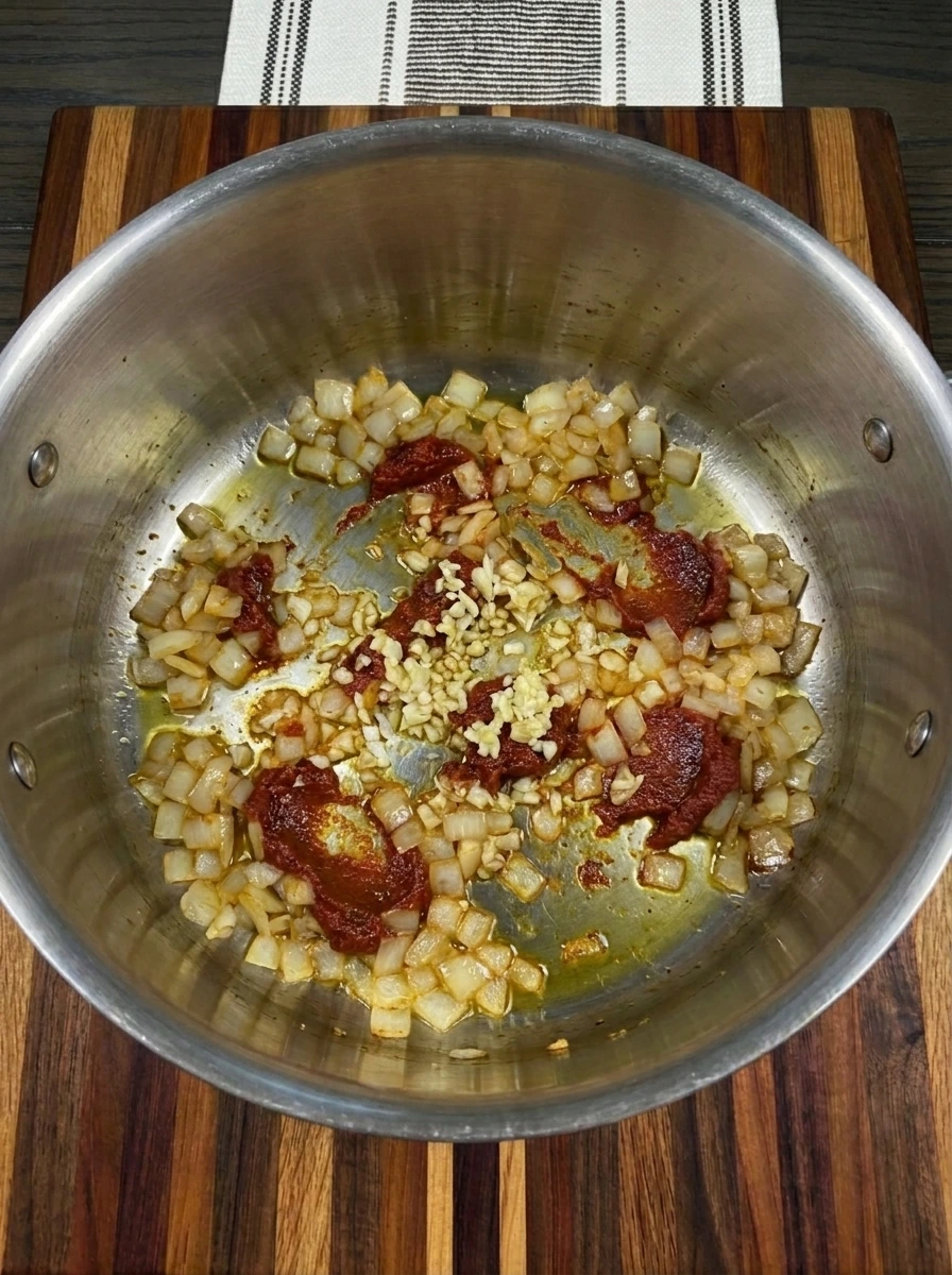Softened onion and garlic with tomato paste for Tomato Tortellini Soup