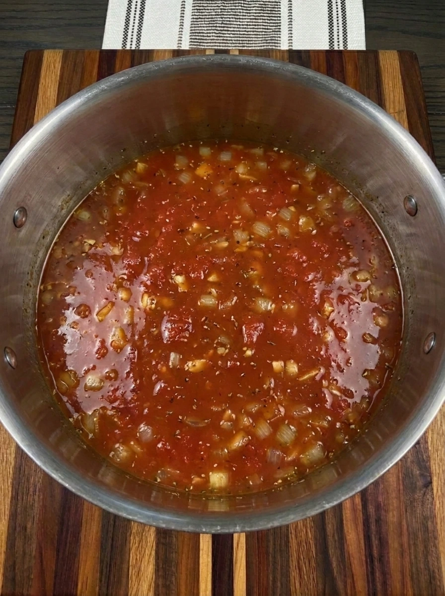 Tomato broth simmering for Tomato Tortellini Soup