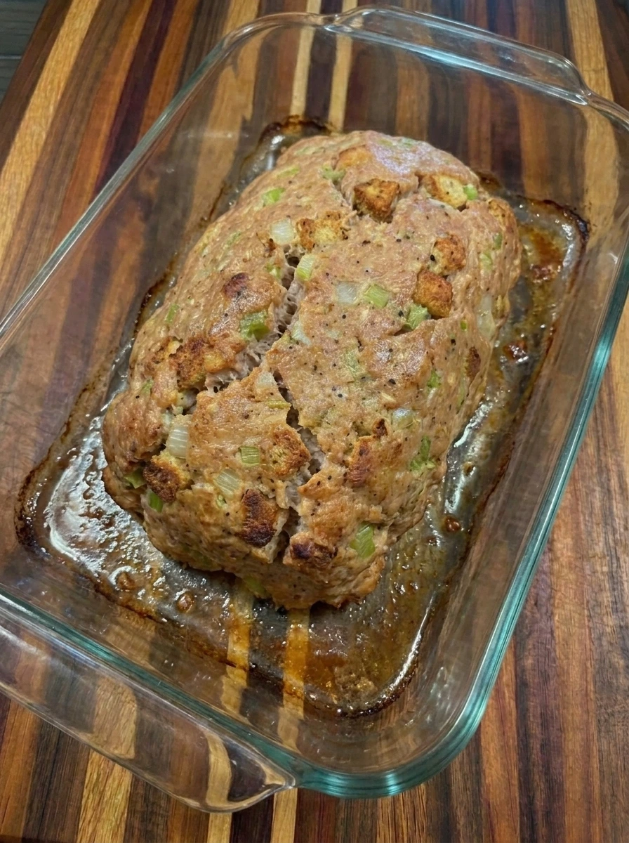 Baked Turkey Stuffing Meatloaf with golden brown edges