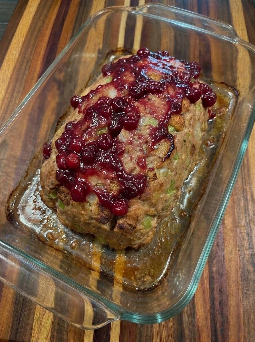 Turkey Stuffing Meatloaf topped with whole berry cranberry sauce