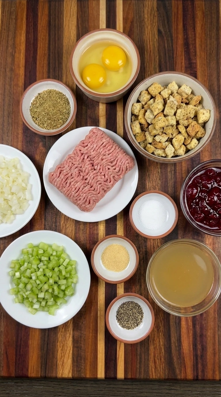 Ingredients for Turkey Stuffing Meatloaf arranged in separate small containers