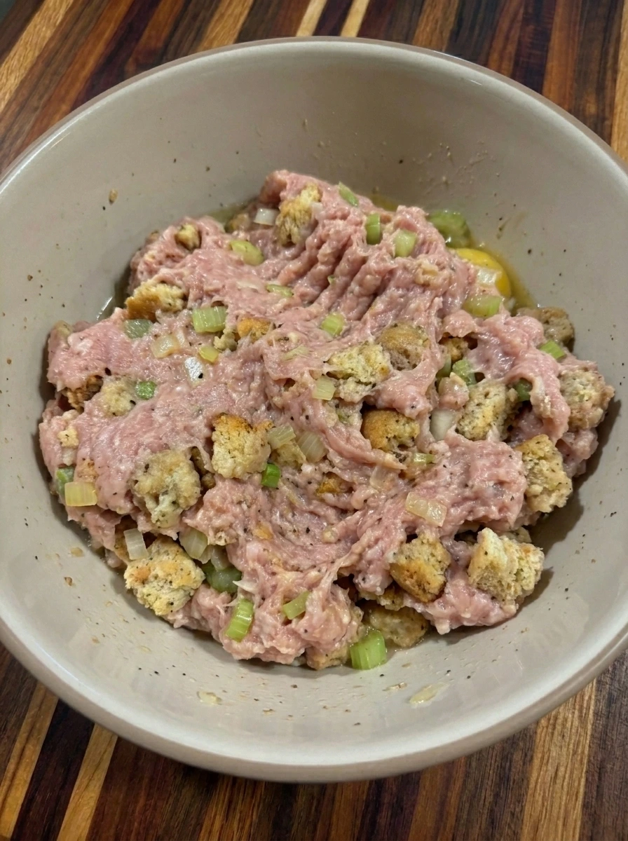 Ground turkey mixed with stuffing and vegetables for Turkey Stuffing Meatloaf
