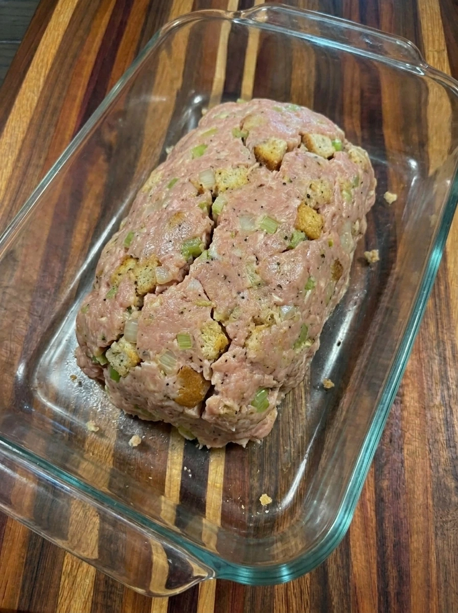 Raw Turkey Stuffing Meatloaf shaped in a baking dish