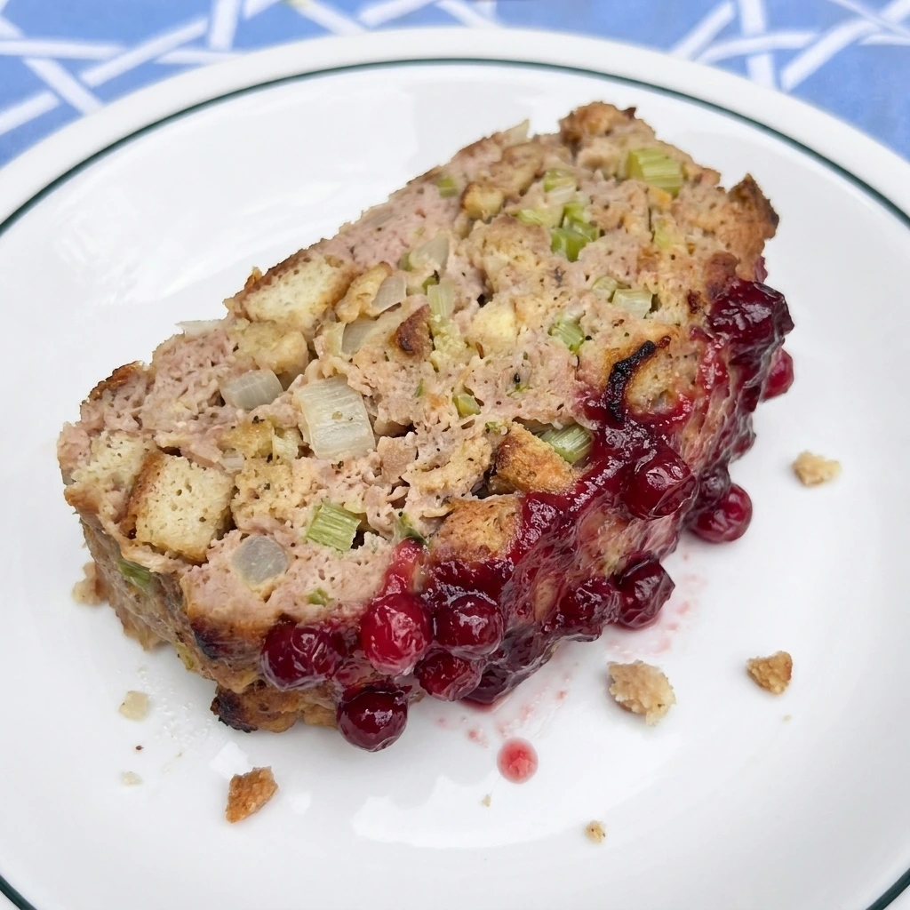 Single slice of Turkey Stuffing Meatloaf showing moist stuffing filled interior