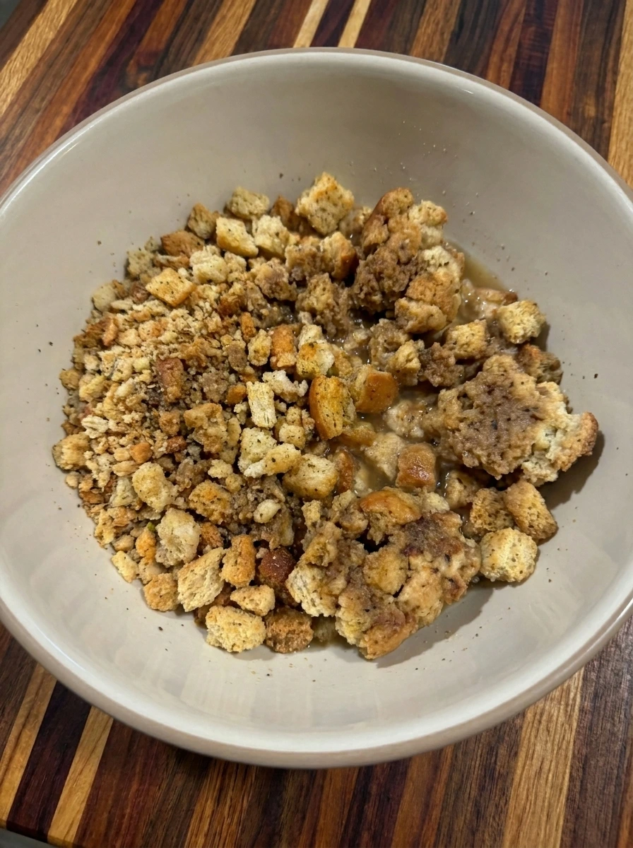 Stuffing mix softened with broth for Turkey Stuffing Meatloaf