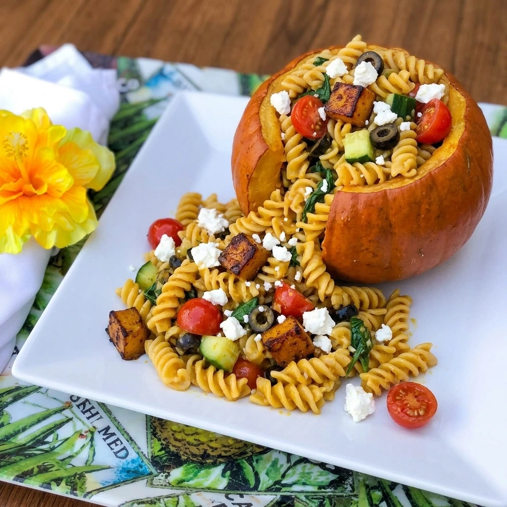 Upchuckin Pumpkin Pasta Salad spilling from a carved pumpkin with roasted pumpkin and vegetables