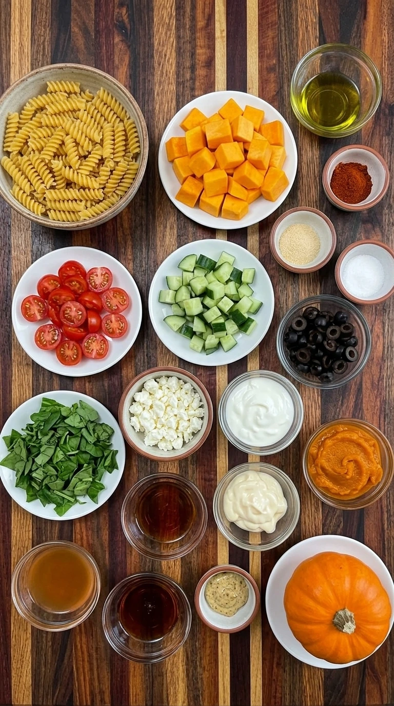 Ingredients for Upchuckin Pumpkin Pasta Salad in separate small containers