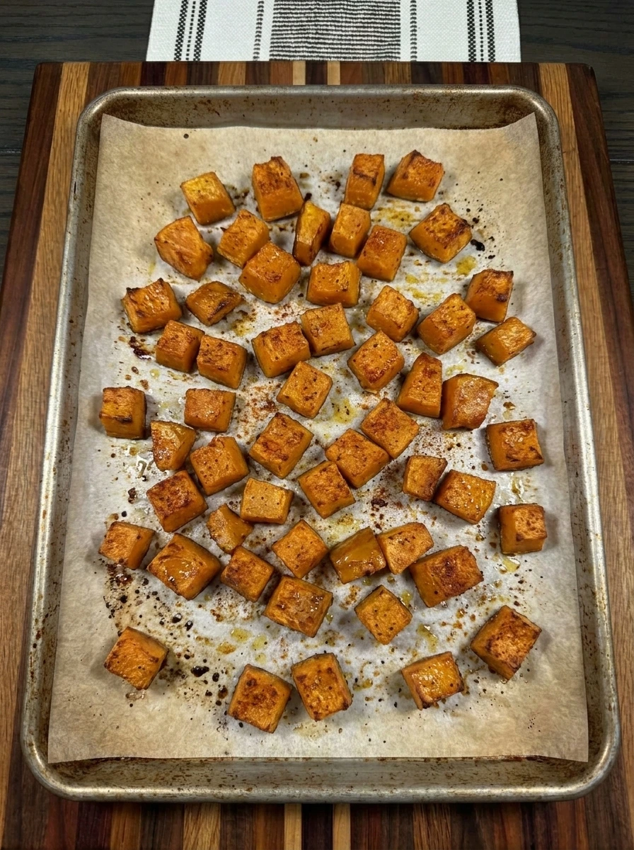 Roasted pumpkin cubes with browned edges for Upchuckin Pumpkin Pasta Salad