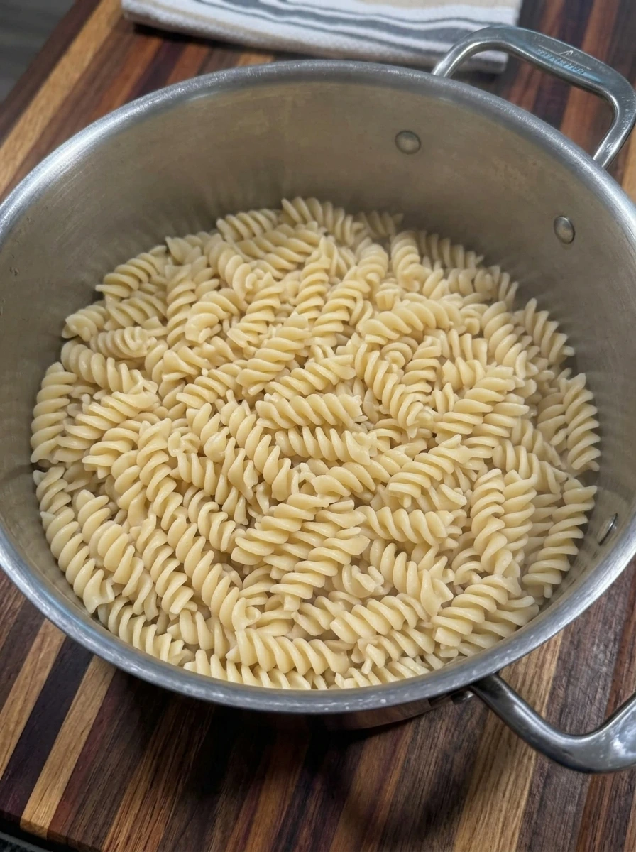 Cooked rotini pasta for Upchuckin Pumpkin Pasta Salad