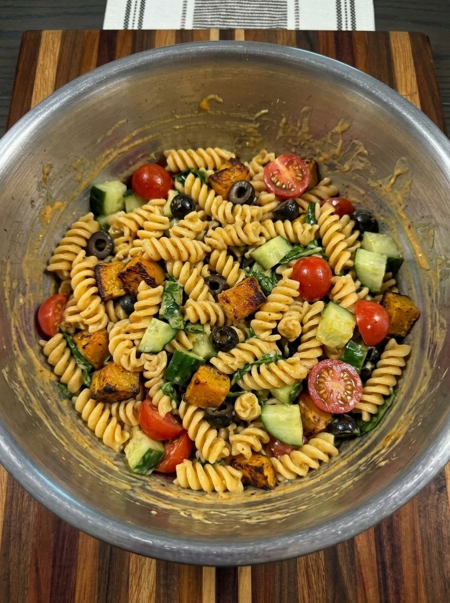 Rotini folded with roasted pumpkin and vegetables for Upchuckin Pumpkin Pasta Salad