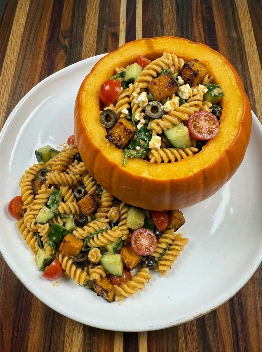 Upchuckin Pumpkin Pasta Salad filled into a hollowed pie pumpkin