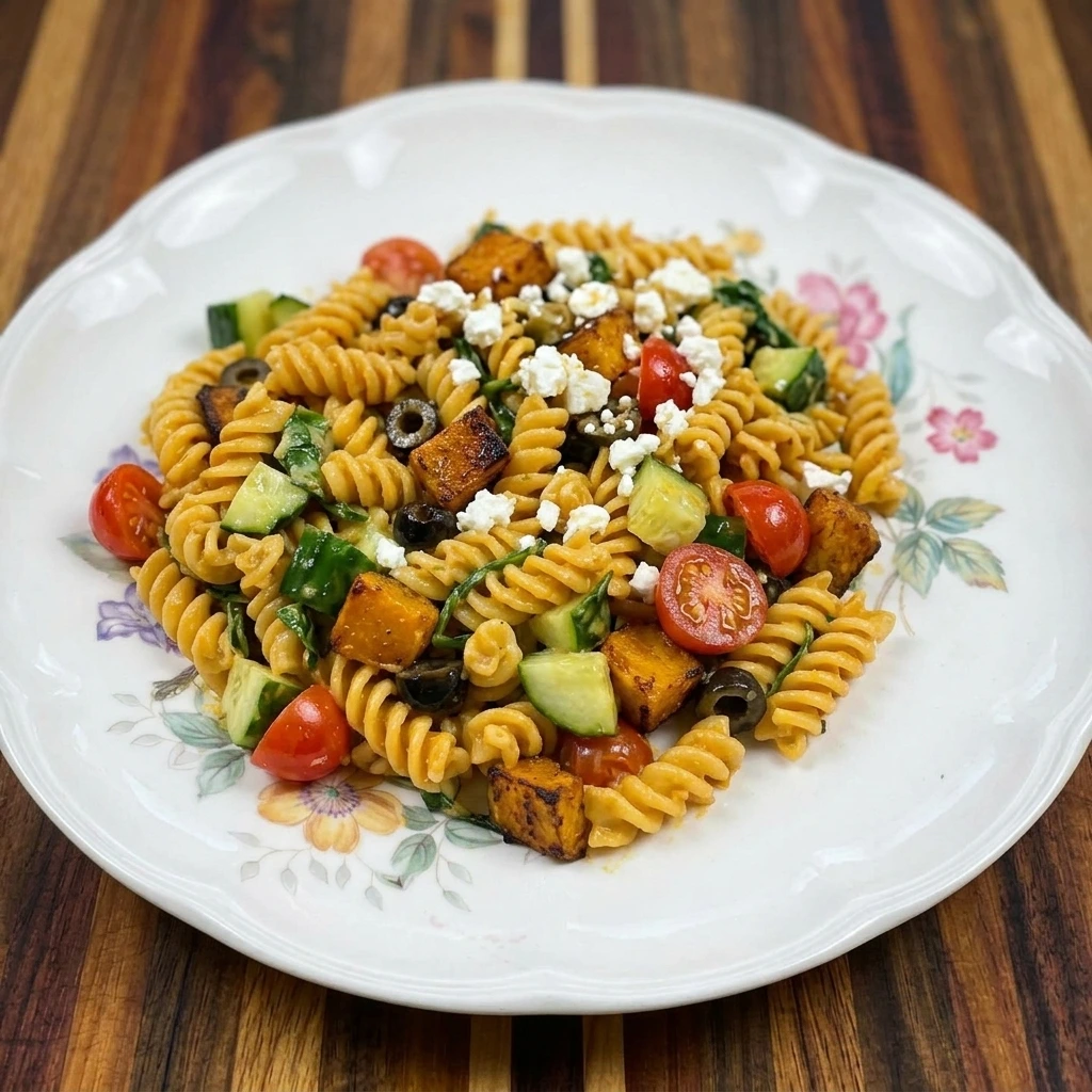 Single serving of Upchuckin Pumpkin Pasta Salad with browned pumpkin and feta