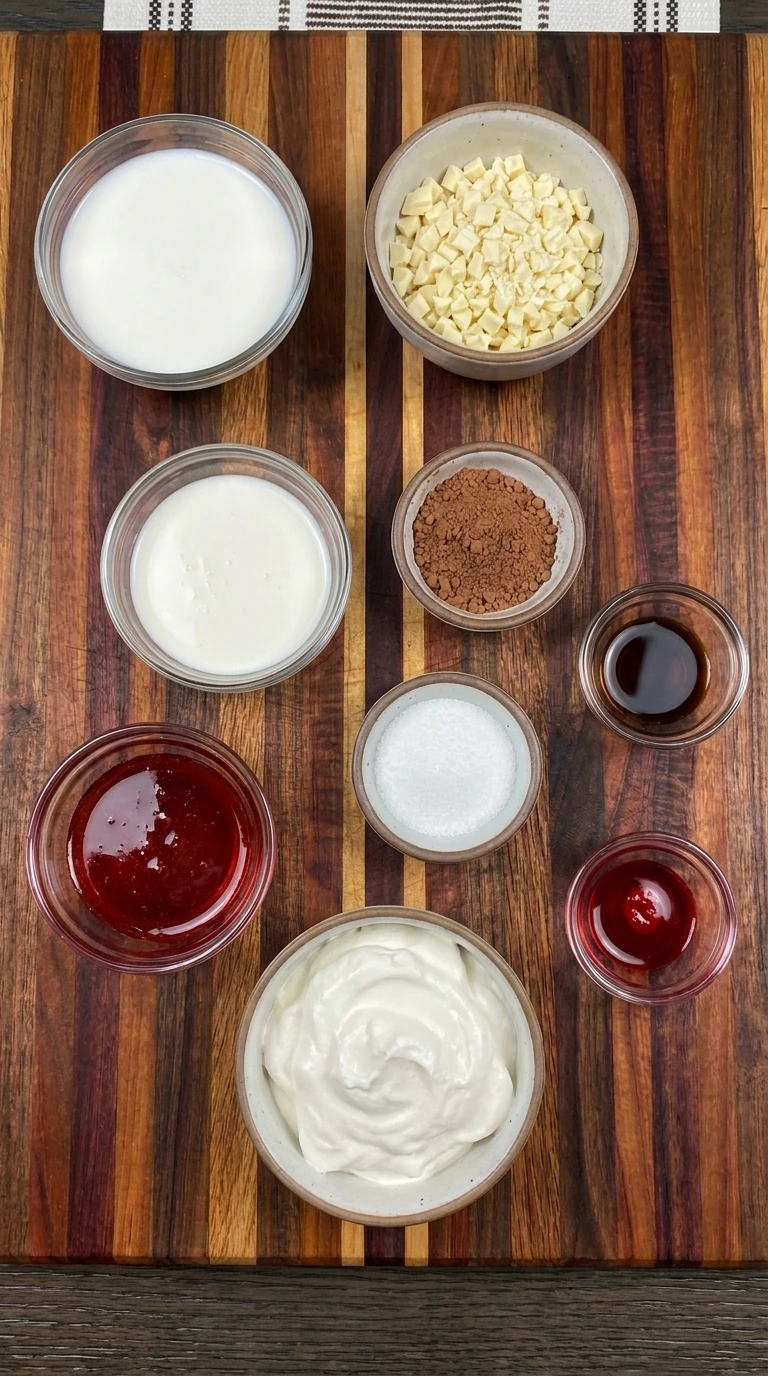 Ingredients for Vampire Hot Chocolate arranged in separate small containers