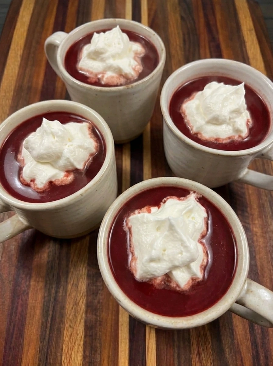Four mugs of Vampire Hot Chocolate topped with whipped cream