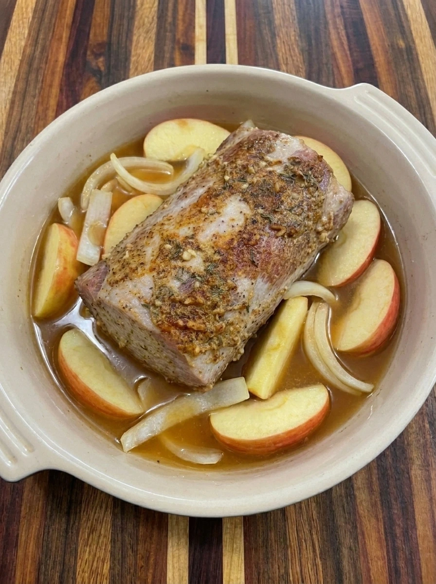 Pork roast arranged with apples and onion in apple cider