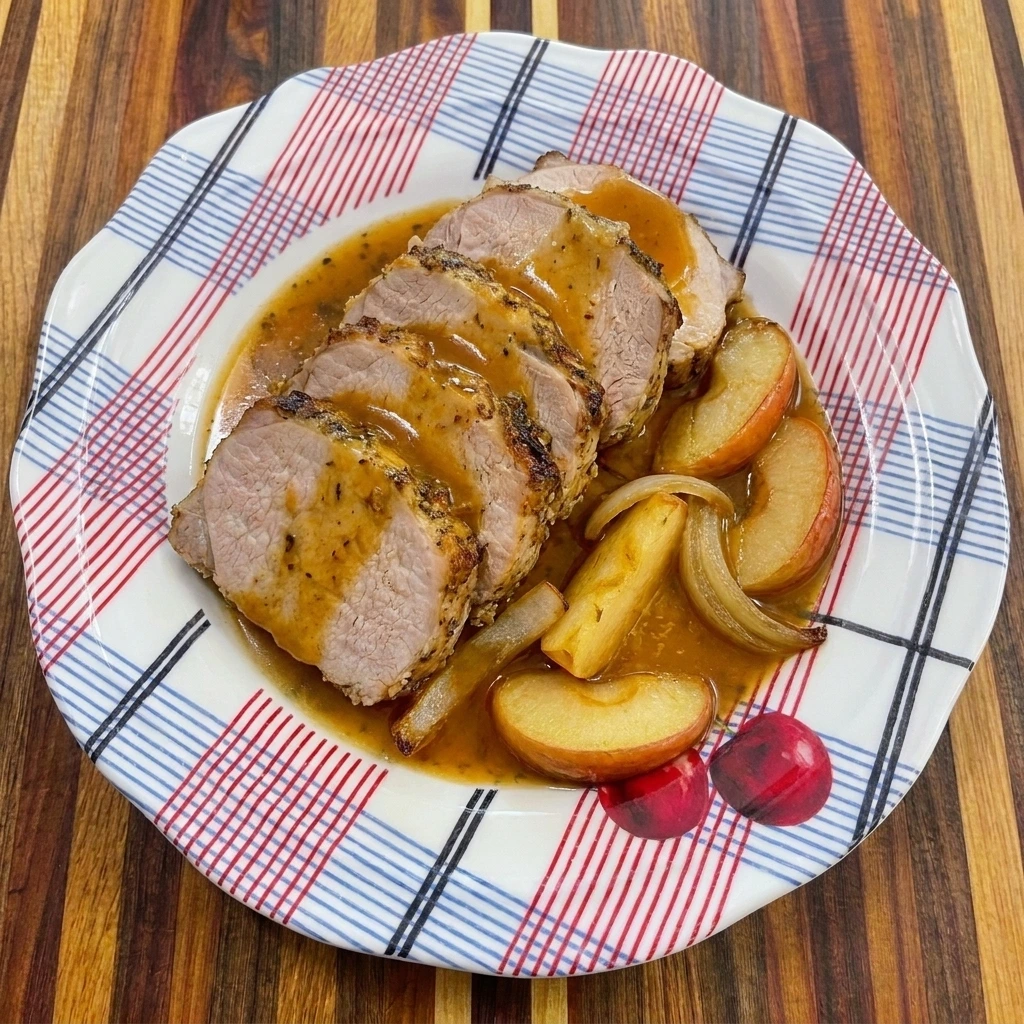 Apple Cider Pork Roast with tender sliced pork and softened apples in cider juices