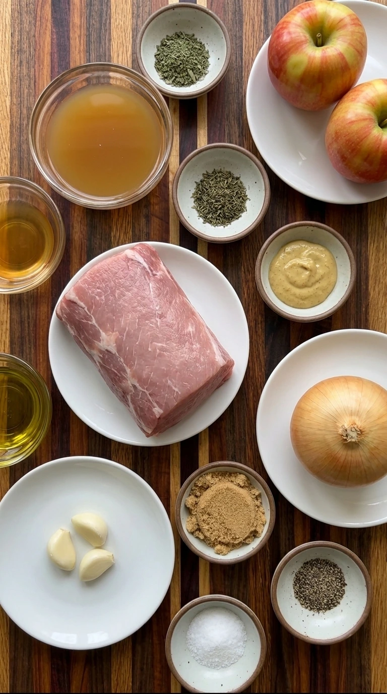 Ingredients for Apple Cider Pork Roast arranged separately