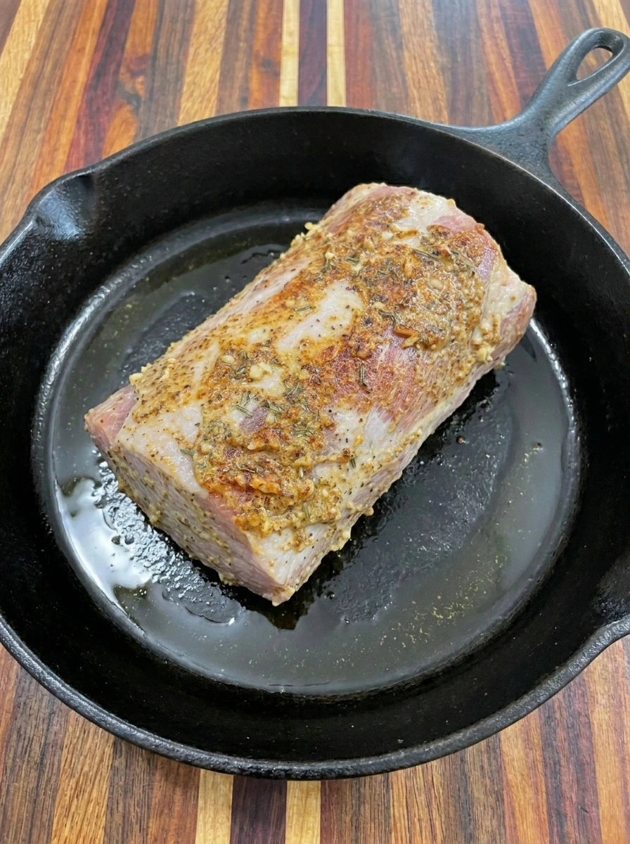 Seared pork loin with golden crust for Apple Cider Pork Roast