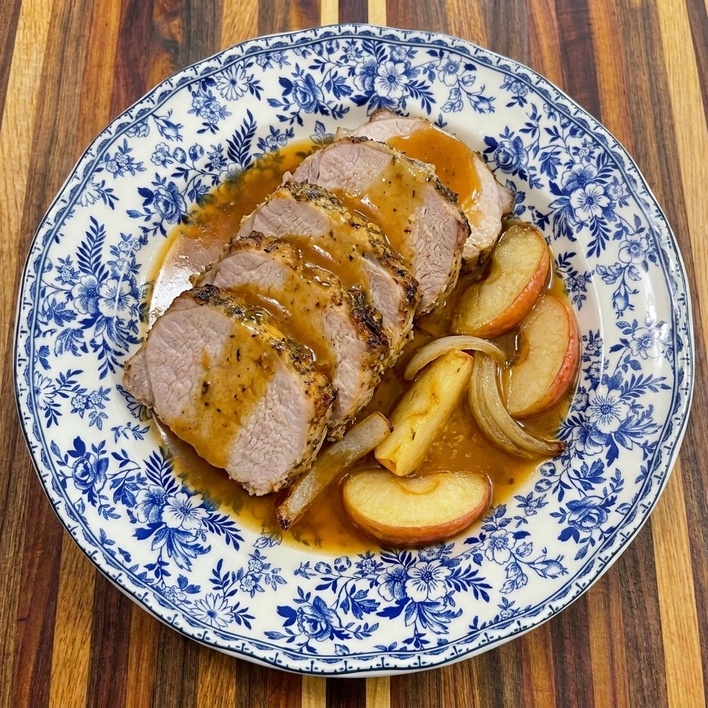 Single serving of Apple Cider Pork Roast with apples and cider glaze
