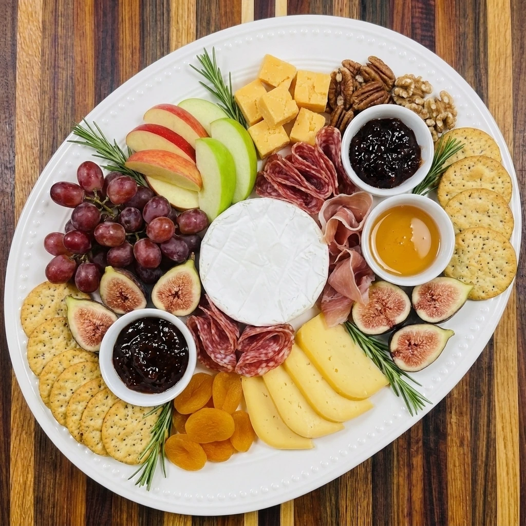 Autumn Charcuterie Board with brie and cheddar plus salami and prosciutto alongside fresh apples and figs