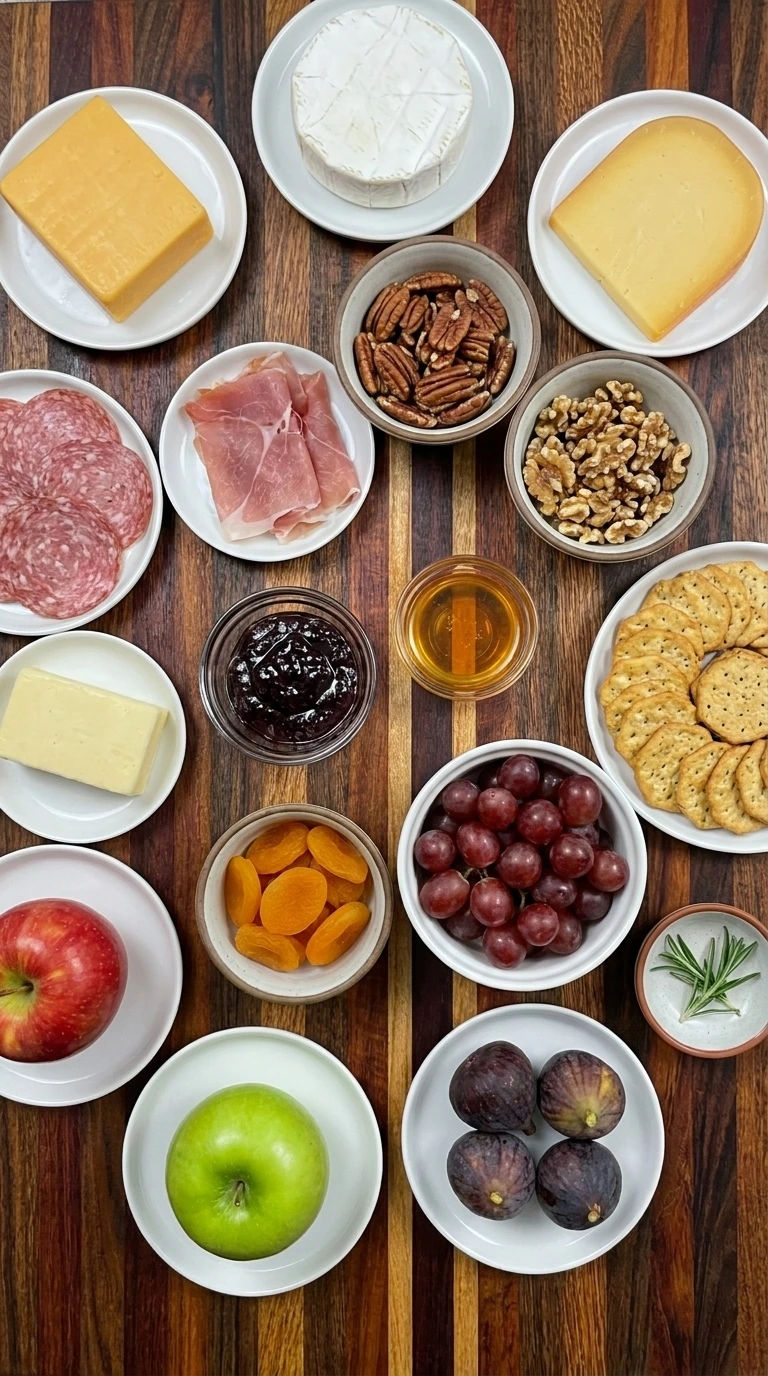 Ingredients for an Autumn Charcuterie Board including cheeses and cured meats plus fall fruit and nuts