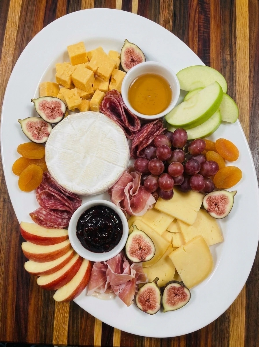 Fall charcuterie board with apples and red grapes plus fresh figs and dried apricots