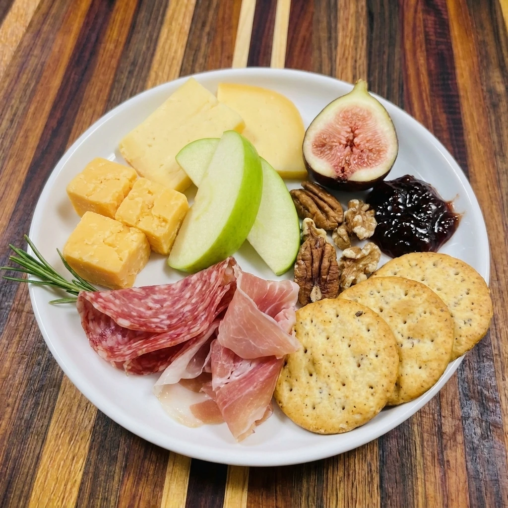 Individual serving from an Autumn Charcuterie Board with cheese and salami plus apple and fig