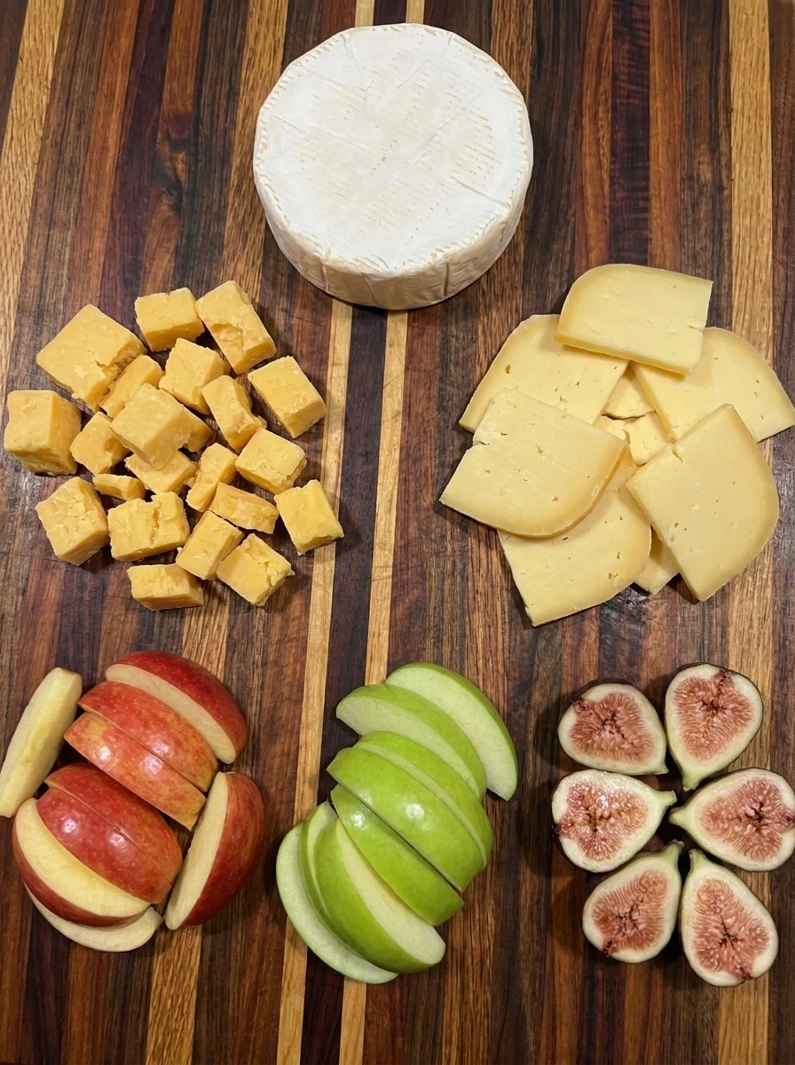 Sliced cheddar and Gouda with fresh apple wedges and halved figs for an Autumn Charcuterie Board
