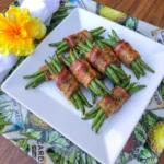 Bacon-Wrapped Green Bean Skewers with browned bacon and tender green beans