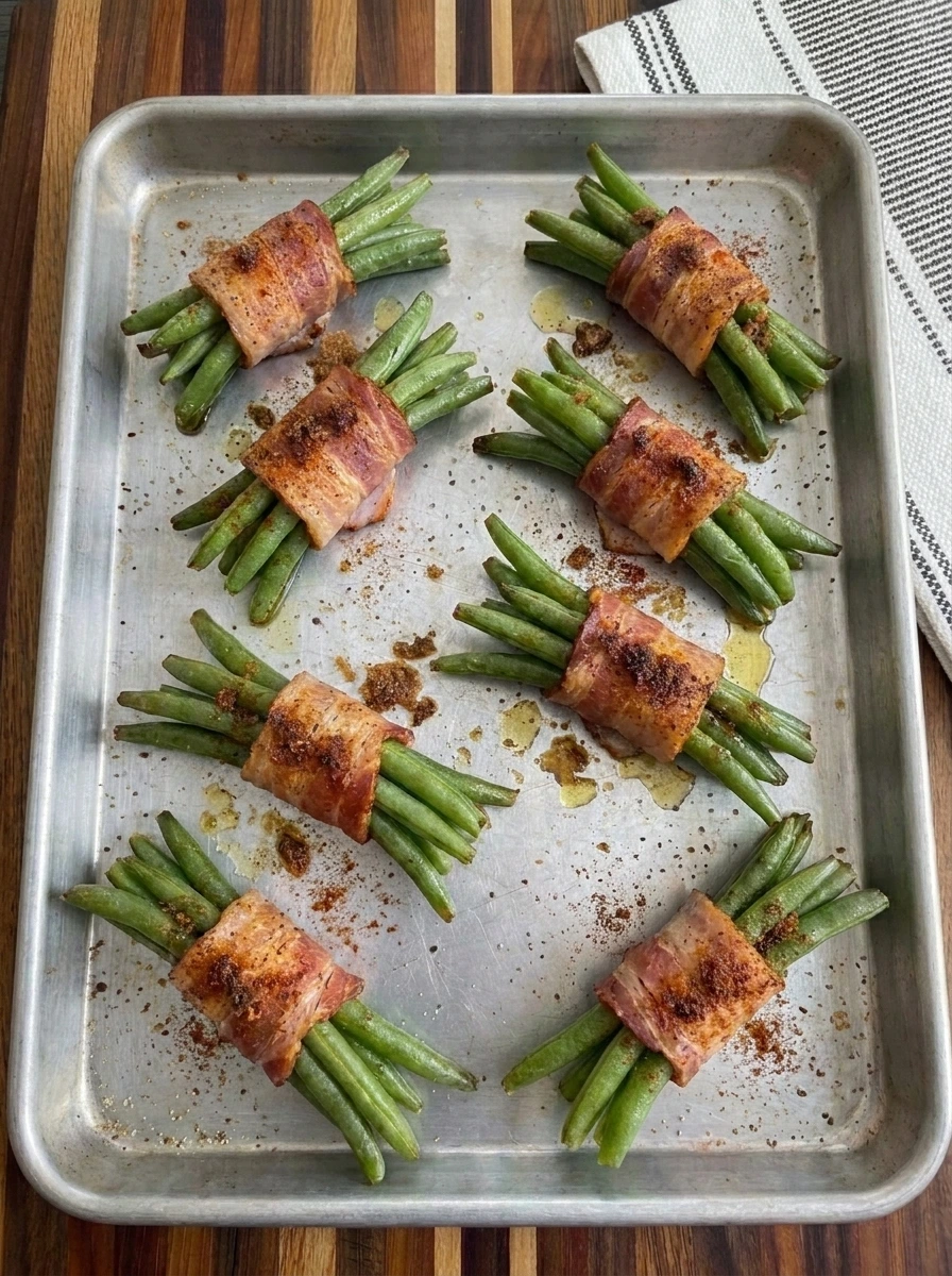 Baked Bacon-Wrapped Green Bean Skewers with browned bacon and tender beans
