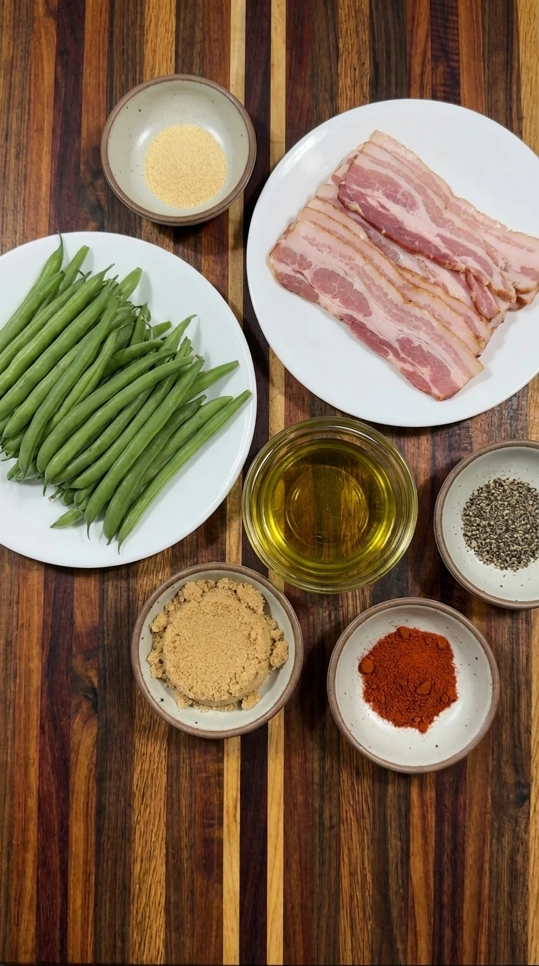 Ingredients for Bacon-Wrapped Green Bean Skewers arranged in separate containers