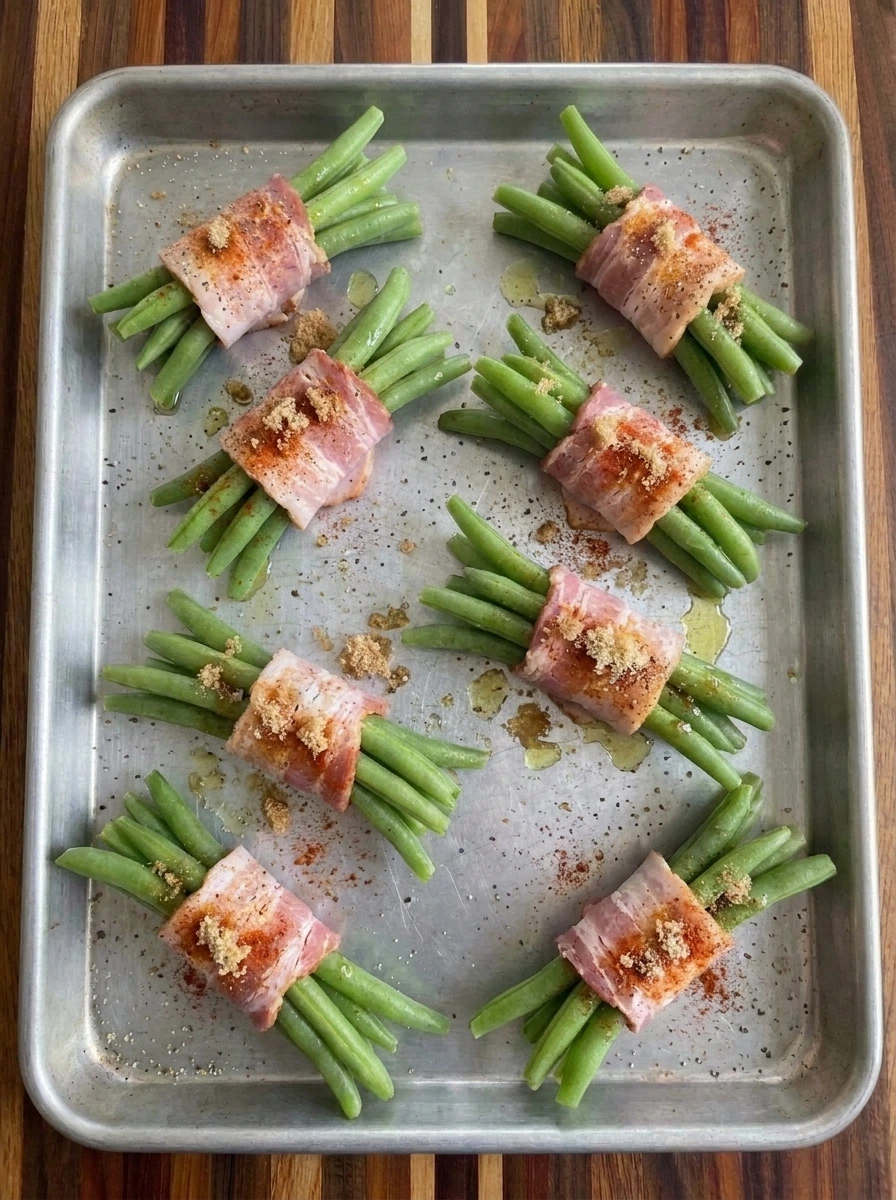 Bacon-wrapped green bean bundles coated with brown sugar and savory seasoning