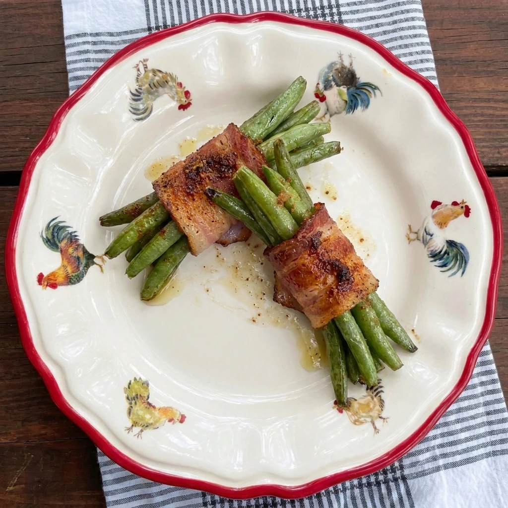Single serving of two Bacon-Wrapped Green Bean Skewers on a white plate