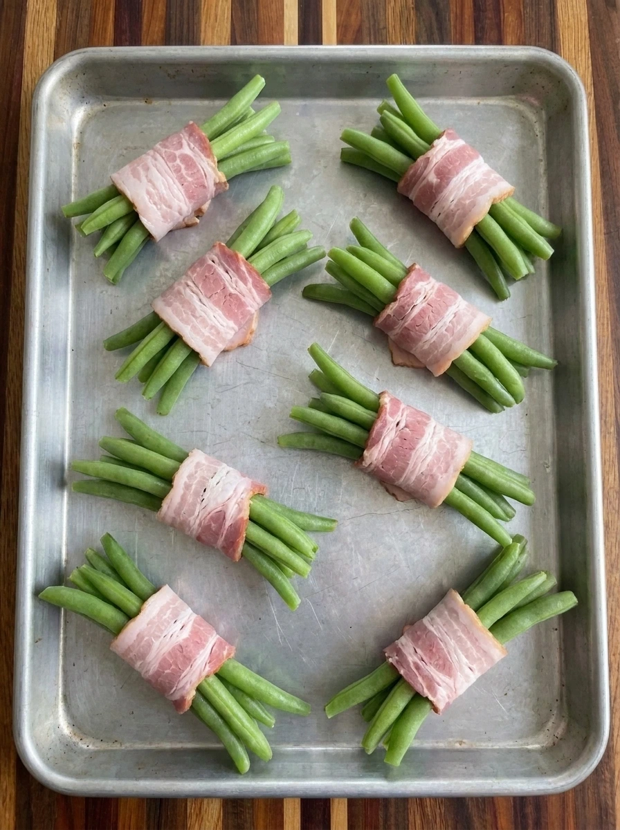 Eight green bean bundles wrapped with bacon before baking