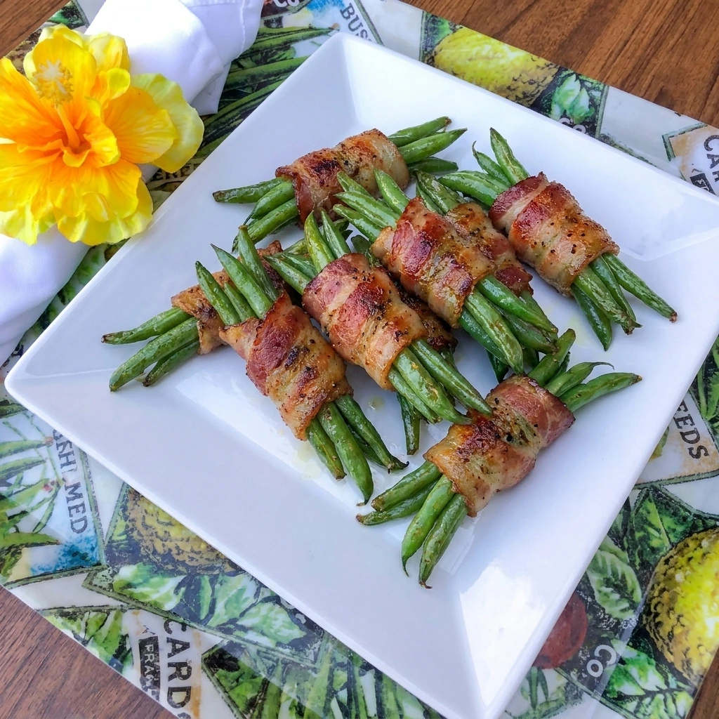 Bacon-Wrapped Green Bean Skewers with browned bacon and tender green beans