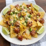 BBQ Chicken and Grilled Pineapple Nachos with melted cheese and caramelized pineapple and avocado on a white serving platter