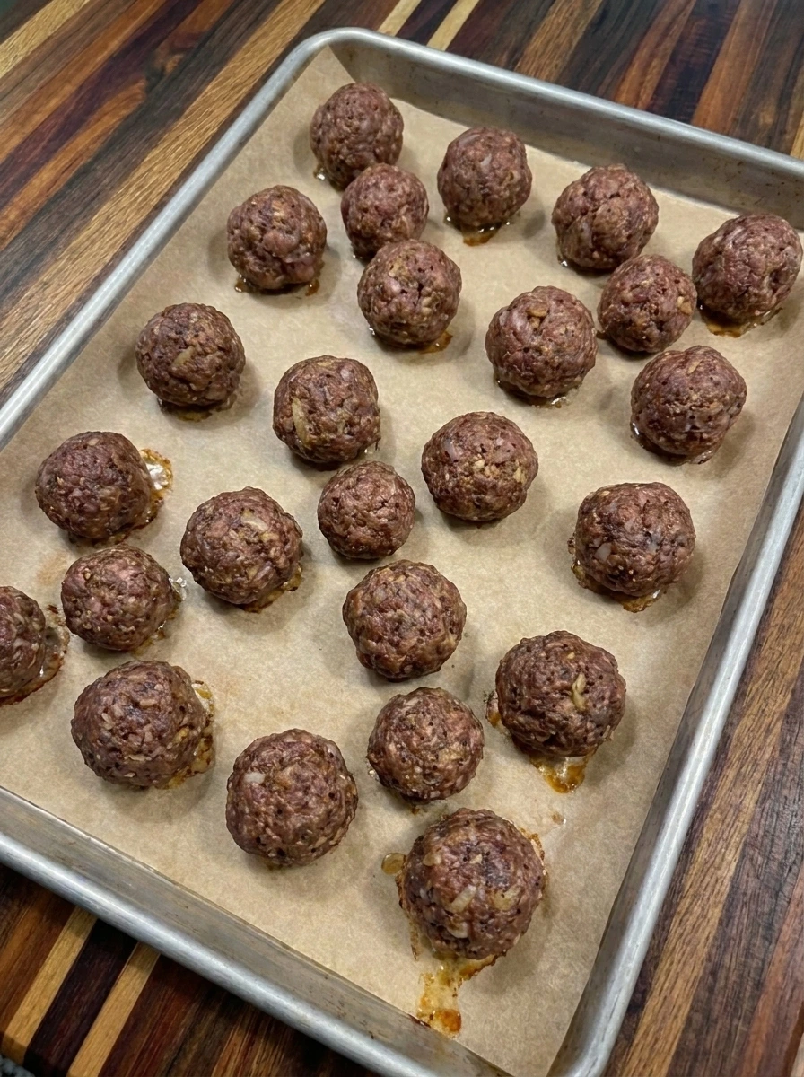 Homemade beef meatballs baked until browned with slightly caramelized edges
