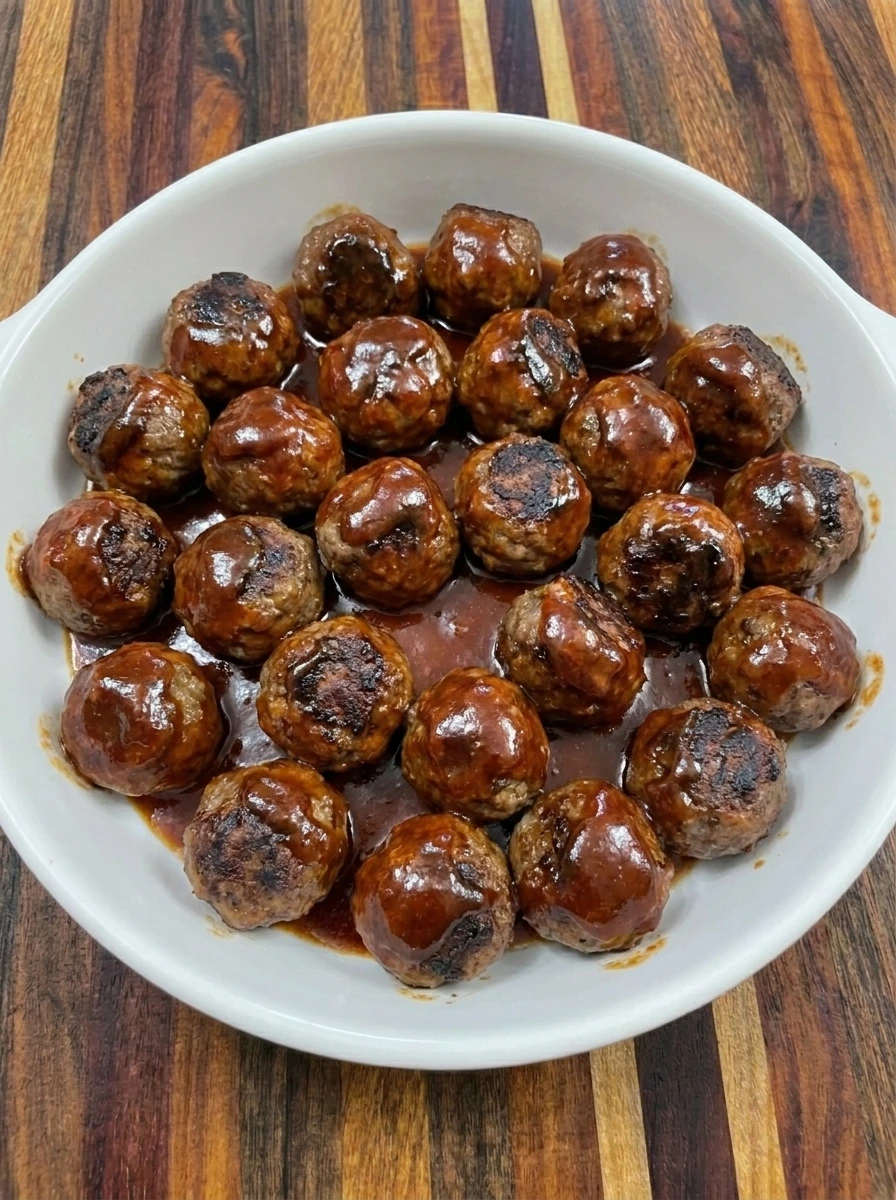 Baked beef meatballs coated in thick glossy barbecue sauce inside a ceramic baking dish