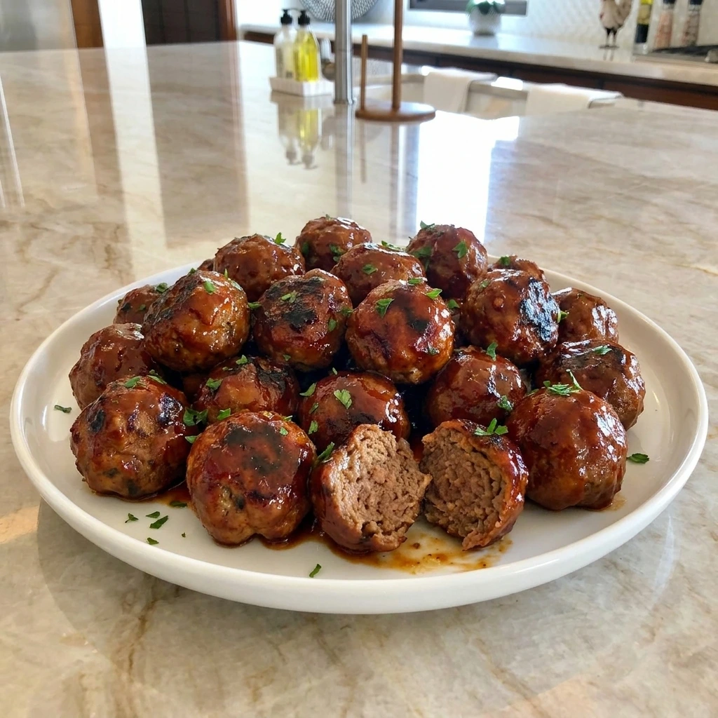 Homemade BBQ meatballs coated in glossy barbecue sauce with caramelized edges and fresh parsley on a white plate