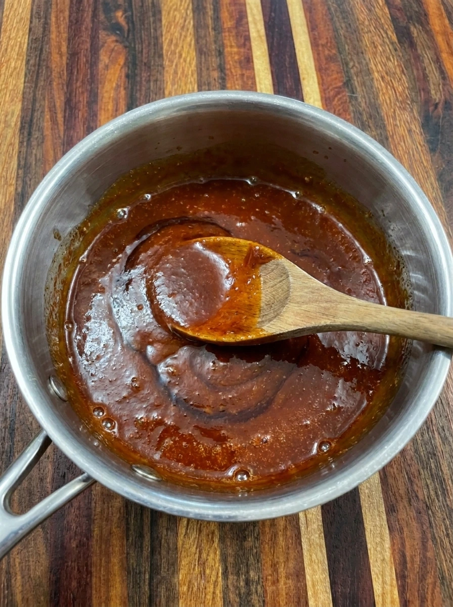 Thick homemade barbecue glaze simmering in a saucepan with a glossy reddish brown appearance