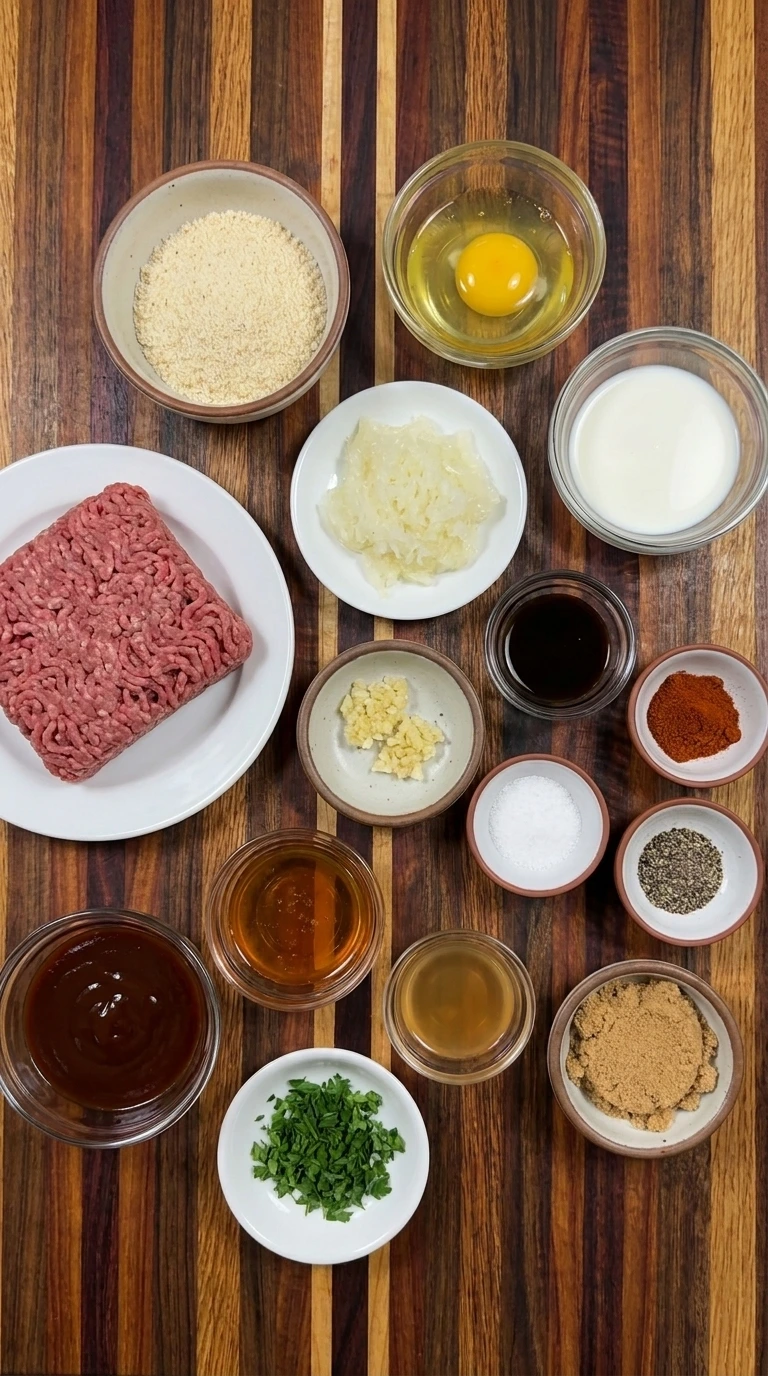 Raw ingredients for homemade BBQ meatballs including ground beef and breadcrumbs and barbecue sauce and seasonings