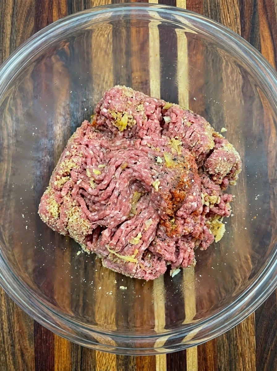 Raw ground beef mixture combined with breadcrumbs and egg and seasonings in a mixing bowl