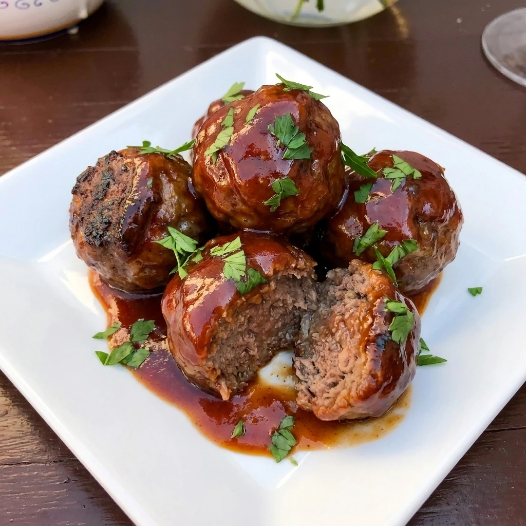 Single serving of five BBQ meatballs with glossy sauce and a split meatball showing the juicy interior