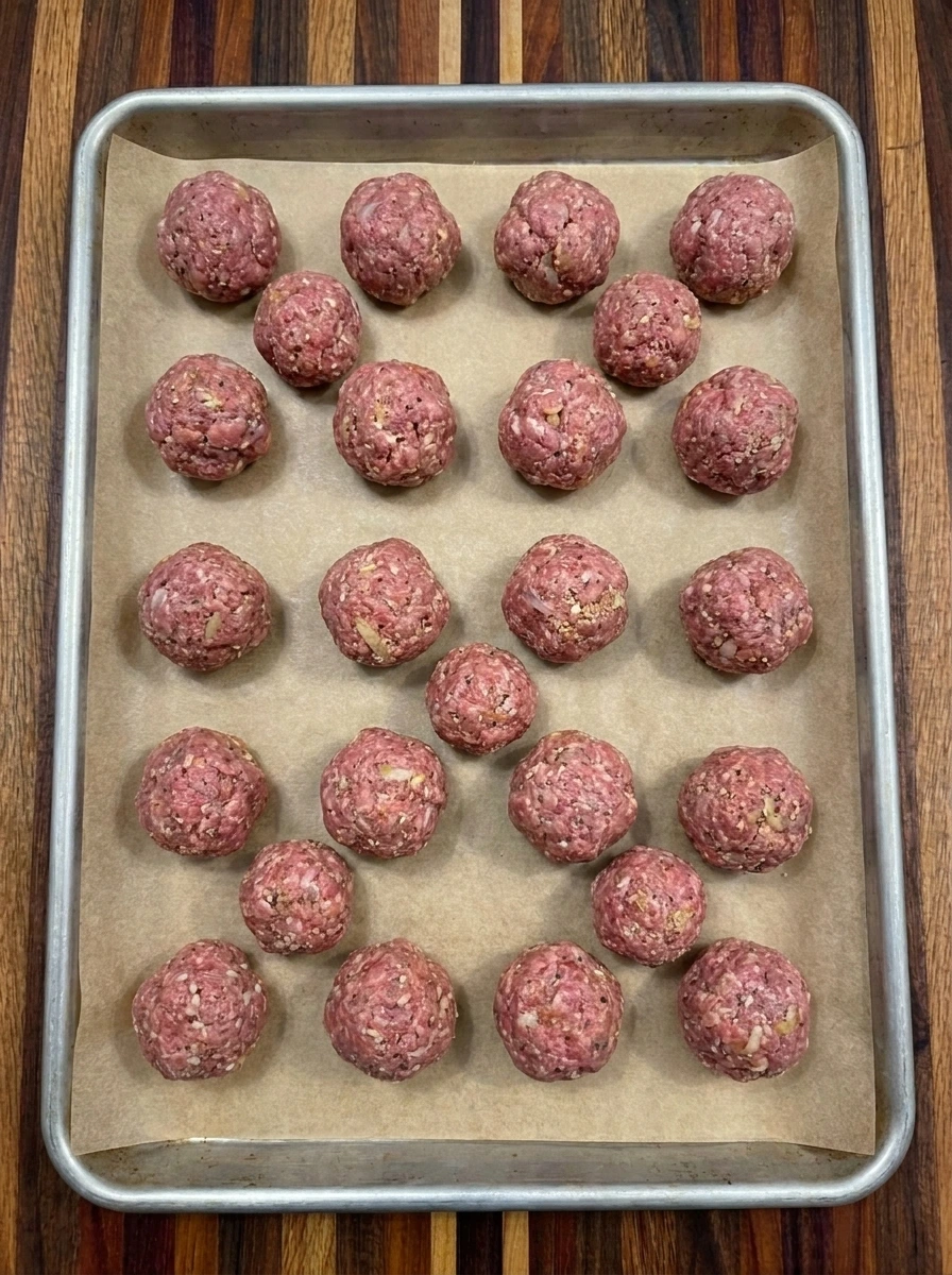 Twenty raw homemade beef meatballs shaped and arranged on a baking tray before cooking
