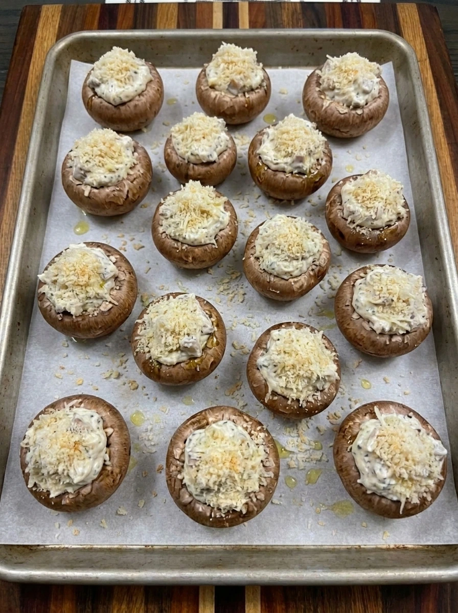 Unbaked cremini mushrooms filled with Boursin cheese and topped with breadcrumbs