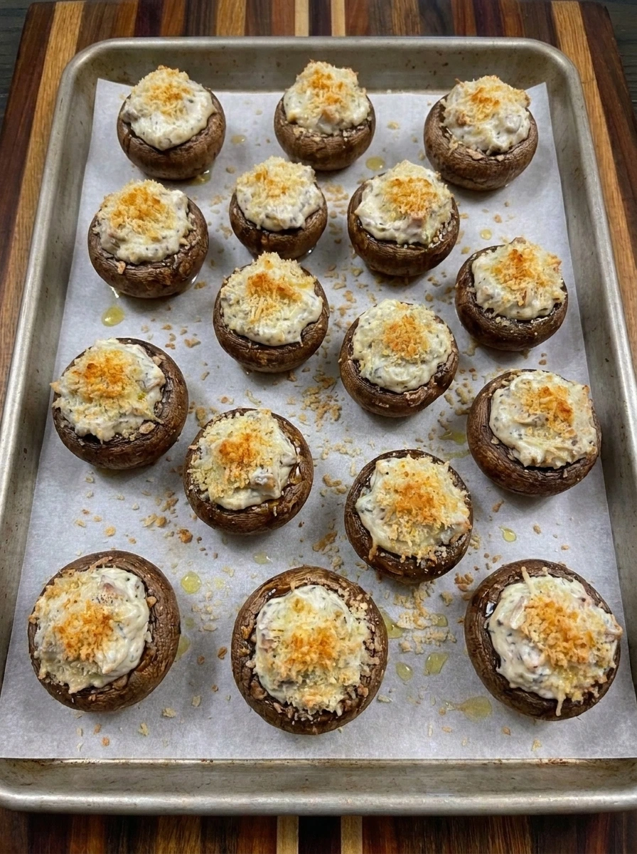 Baked Boursin-Stuffed Mushrooms with golden cheese filling on a roasting tray