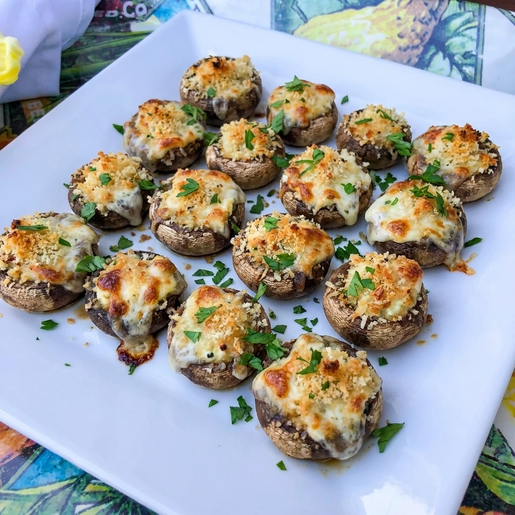 Golden baked Boursin-Stuffed Mushrooms filled with creamy garlic herb cheese on a white serving plate