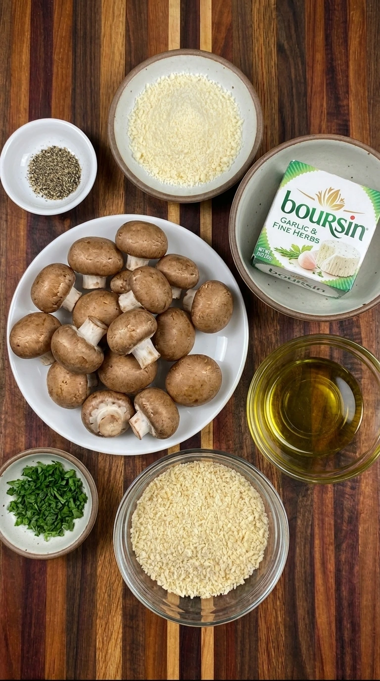 Ingredients for Boursin-Stuffed Mushrooms including cremini mushrooms and Boursin garlic herb cheese