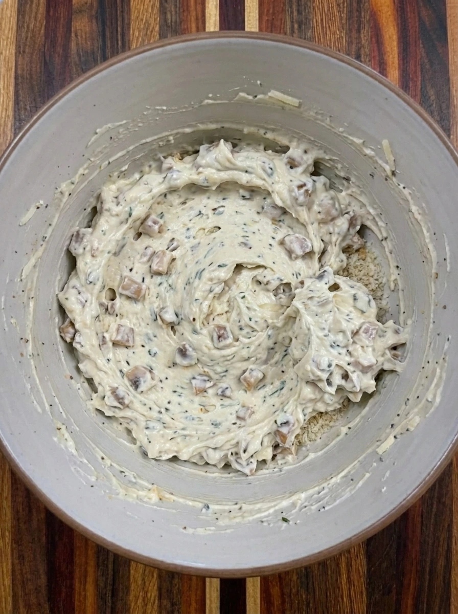 Creamy Boursin cheese filling mixed with chopped mushroom stems and Parmesan